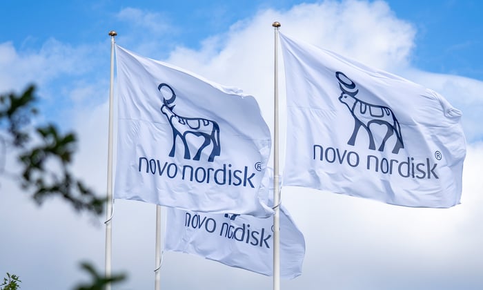 Novo Nordisk's logo is displayed on three flags waving in the wind. 