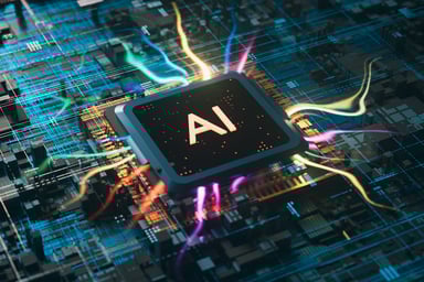 A digital render of an artificial intelligence chip with colored rays shooting out of it