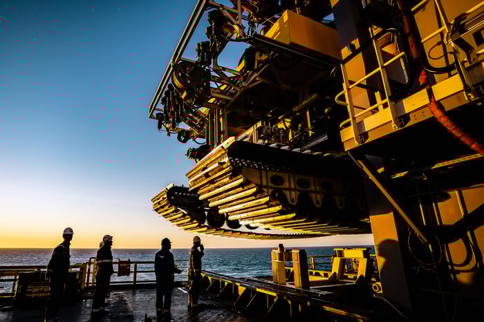 A nodule collector docking on an open-sea vessel. 