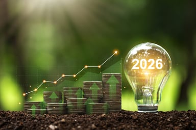 New Year 2026 Light Bulb Cash Green Arrows Invest Dow SP 500 Nasdaq Getty
