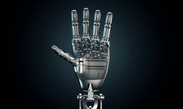 The robotic hand of Tesla's Optimus robot.