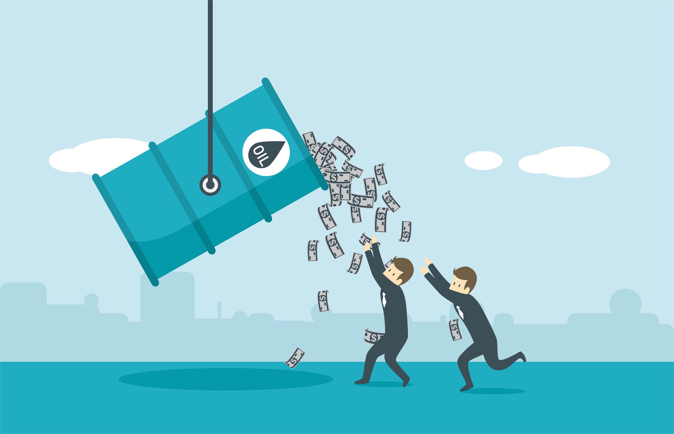 A barrel of oil is tipped over to pour money on two people running to catch it.
