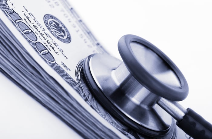 A stethoscope on a stack of money.