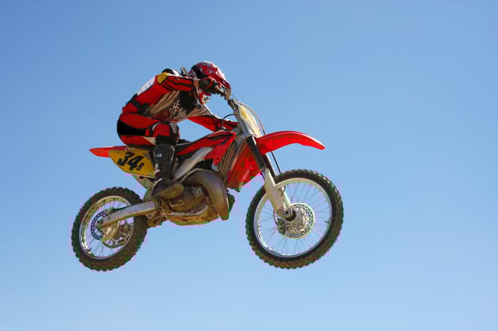 Motorcycle in the air. 