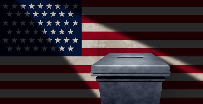 Ballot box in front of an American flag.