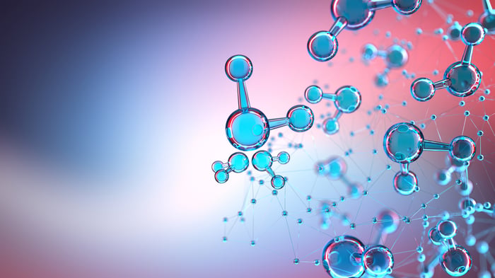 A multicolored molecular structure.