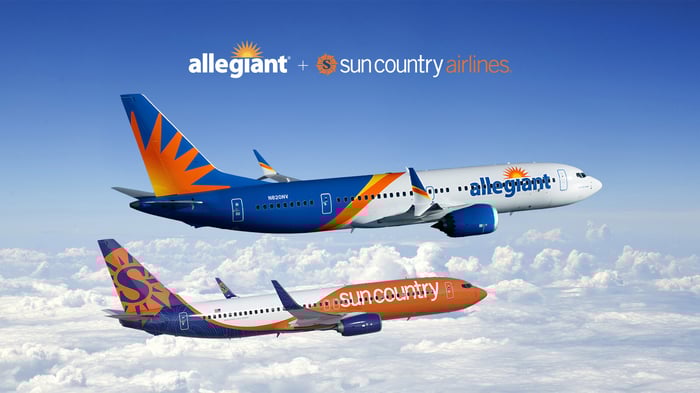 An Allegiant aircraft is flying next to a Sun Country air plane. 