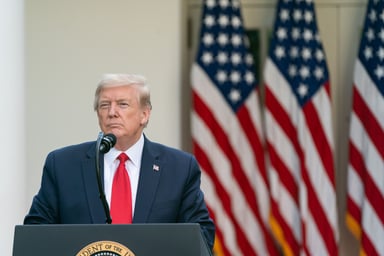 President Donald J. Trump listens to a reporter’s question during the coronavirus update briefing Monday, April 27, 2020, in the Rose Garden of the White House (Official White House Photo by Andrea Hanks)