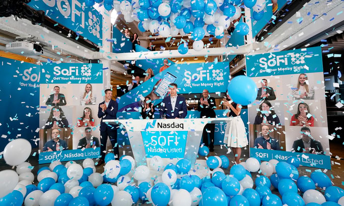 SoFi celebration on the day the stock was listed on Nasdaq.
