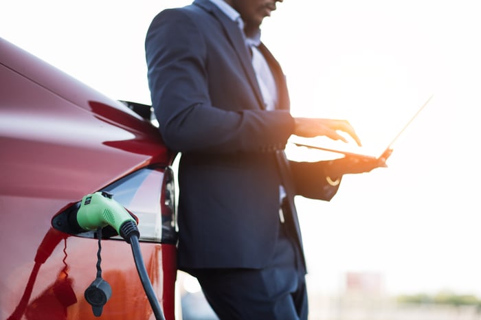 A person charging an electric vehicle EV.