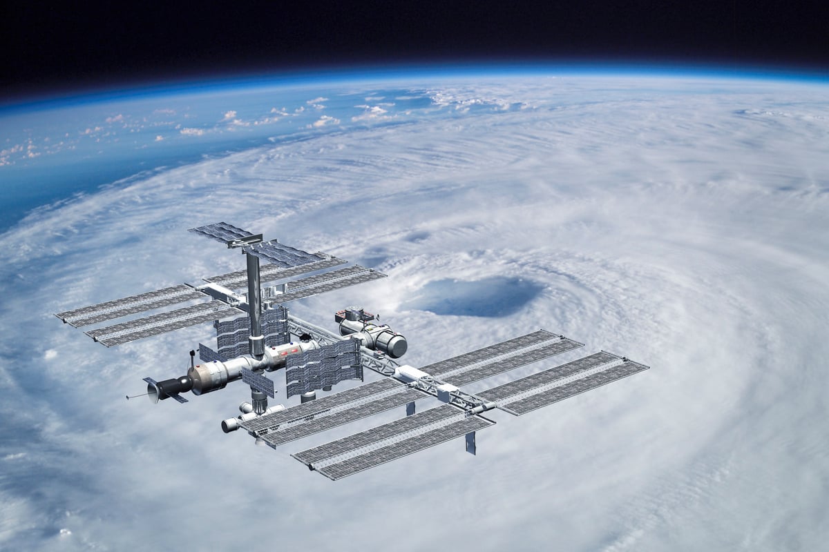 ISS International Space Station orbiting over a hurricane.