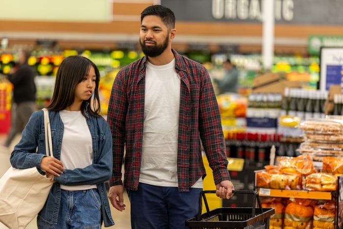 Two people shopping in a store.