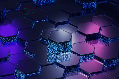 Abstract rendering of hexagons on top of blocks of code, illustrating the increasing importance of artificial intelligence (AI) in software and computing.