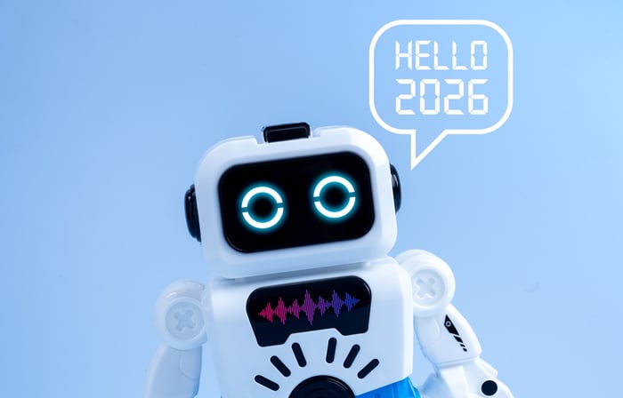 A robot says "Hello 2026". 
