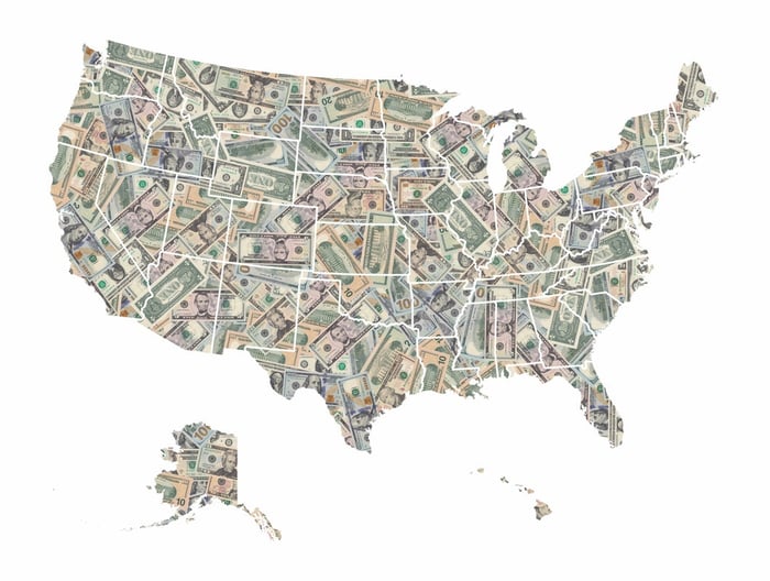 A map of the U.S. created entirely with cash.