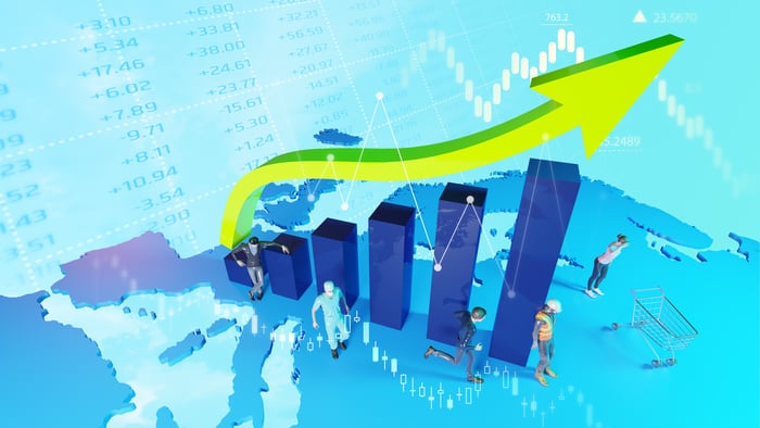 Uptrending bar chart with a green arrow.