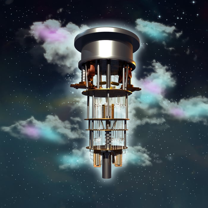 An artist's rendering of a quantum computer in the night sky. 