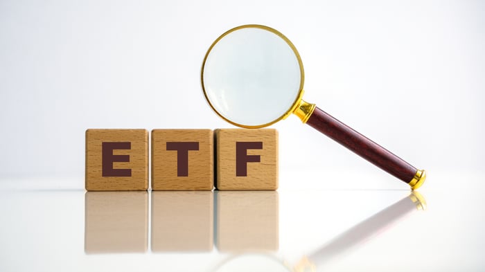 ETF written in wooden blocks with magnifying glass sitting on top.