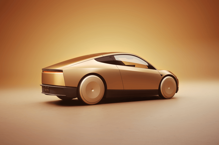 A Tesla robotaxi shown against a gold background.