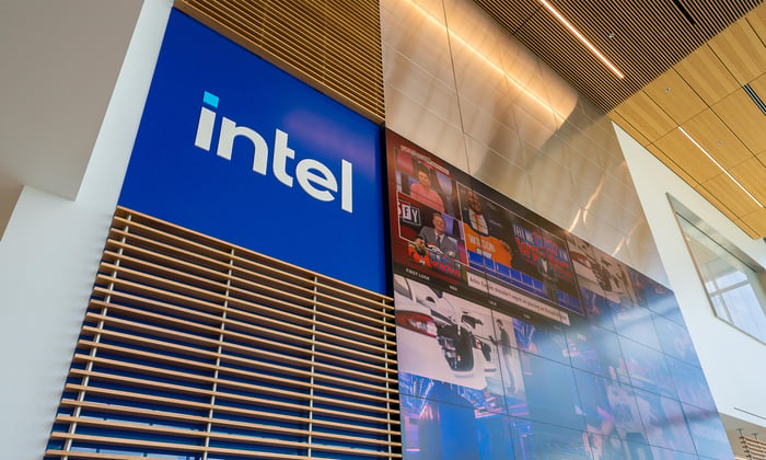 Intel logo inside a company building.