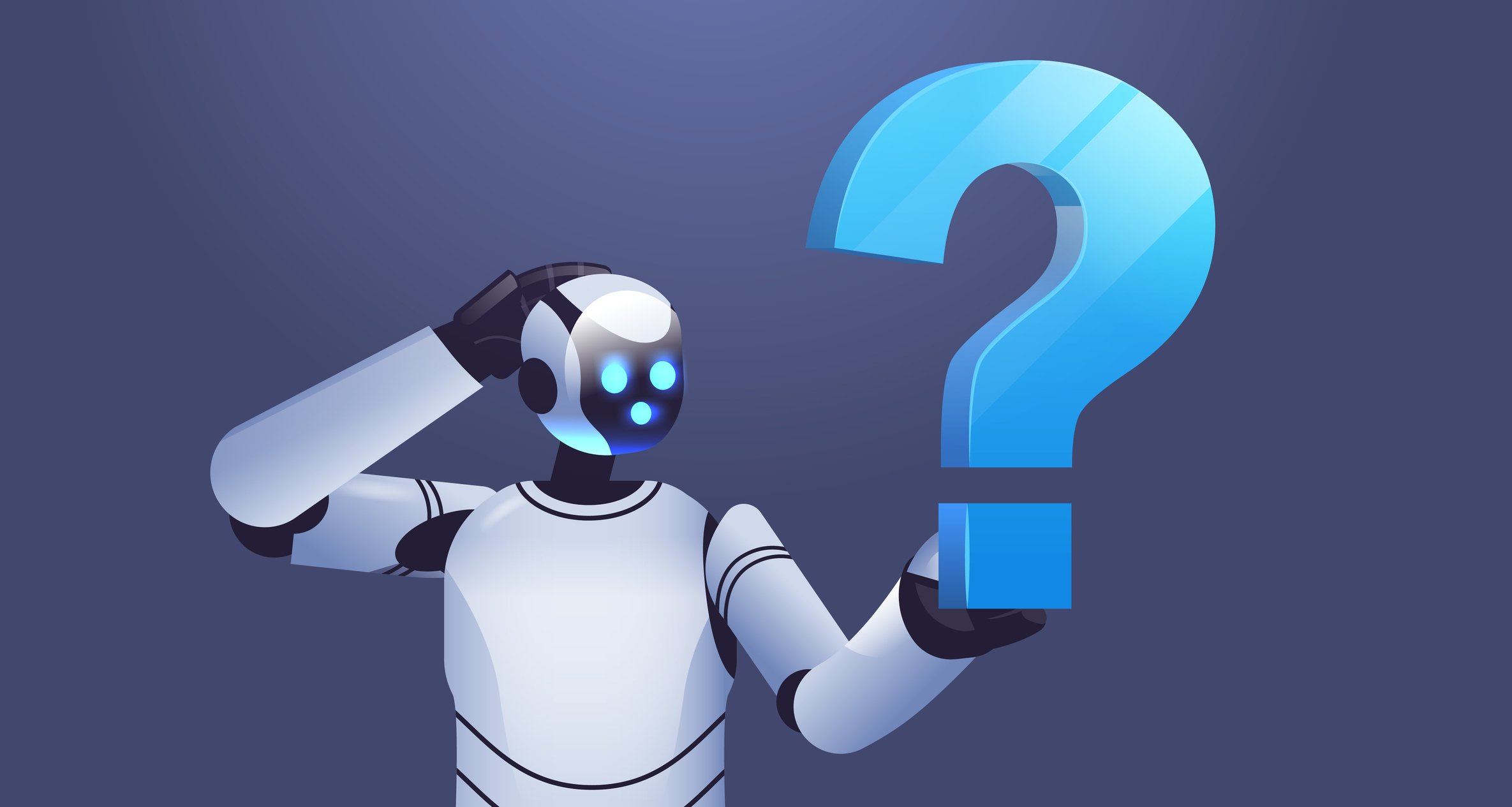 Robot scratches head in thought and examines a question mark.