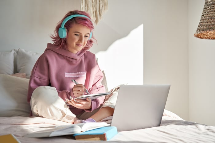 A student is taking a class on a laptop while sitting on a bed. 