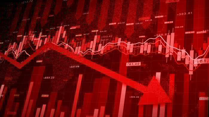 A jagged red arrow points down while set against a red stock chart backdrop.