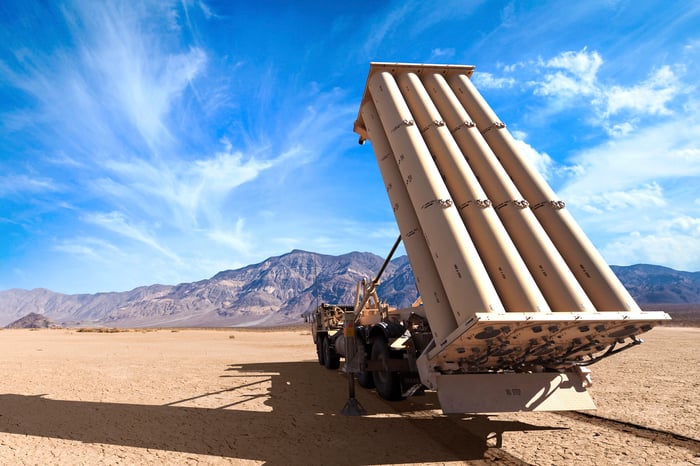 A Terminal High Altitude Area Defense (THAAD) system is protecting against threats. 