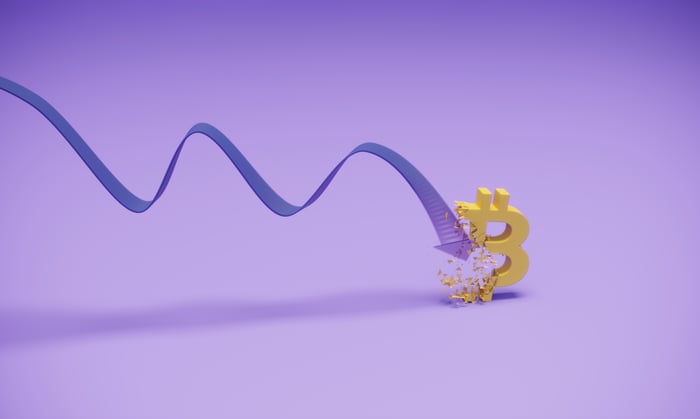 A purple arrow smashing into the Bitcoin logo.