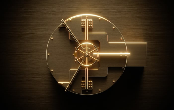 A gold-coated security vault is shown.