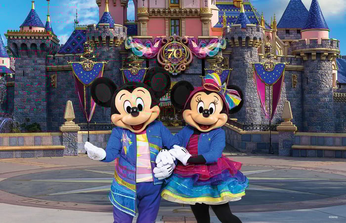 Mickey and Minnie Mouse celebrating the Disneyland resort turning 70 last year.