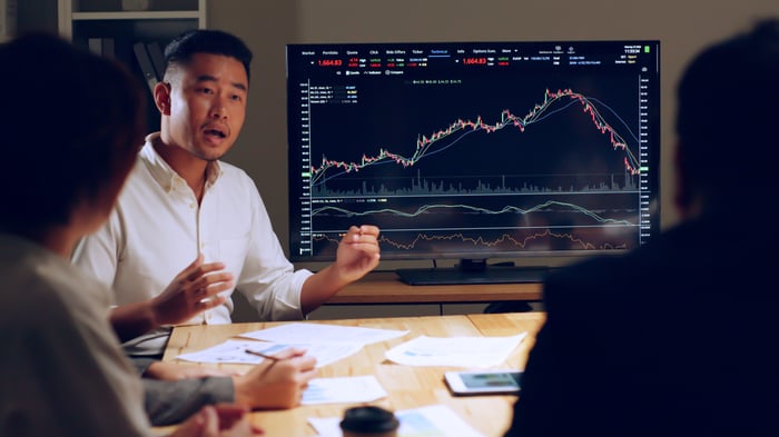 An investor sits at a conference room table in front of a screen and presents a stock chart to coworkers.