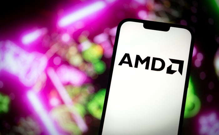 AMD name and logo on a smartphone.