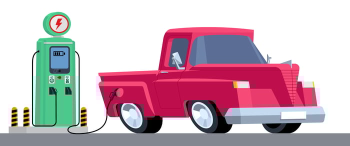 Drawing of a 1950s style pickup truck plugged into an old-time gas pump.