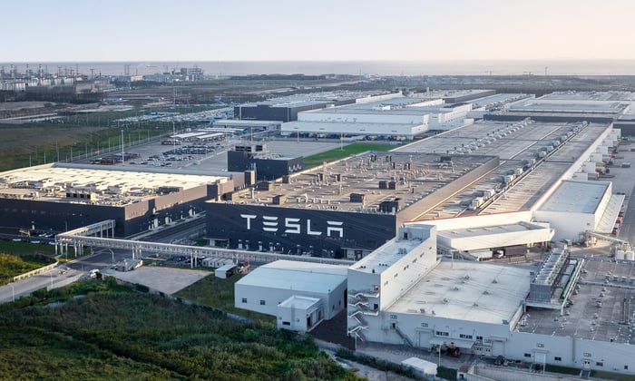 Tesla Gigafactory in Shanghai with Tesla logo.