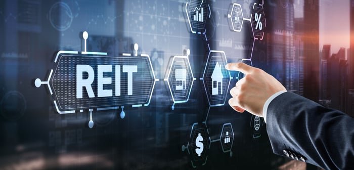 A hand pointing at a digital board that says REIT.