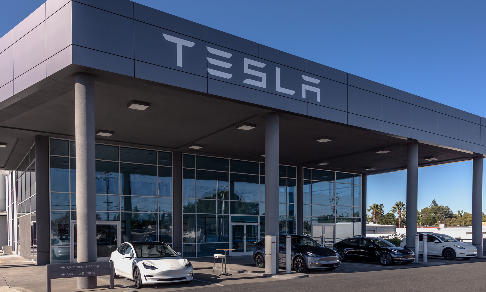 tesla sales building with tesla logo and teslas parked in front