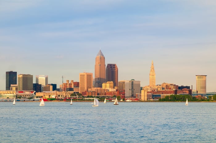 The skyline of Cleveland from Lake Erie. 