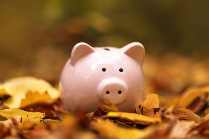 A piggy bank surrounded by autumn leaves.