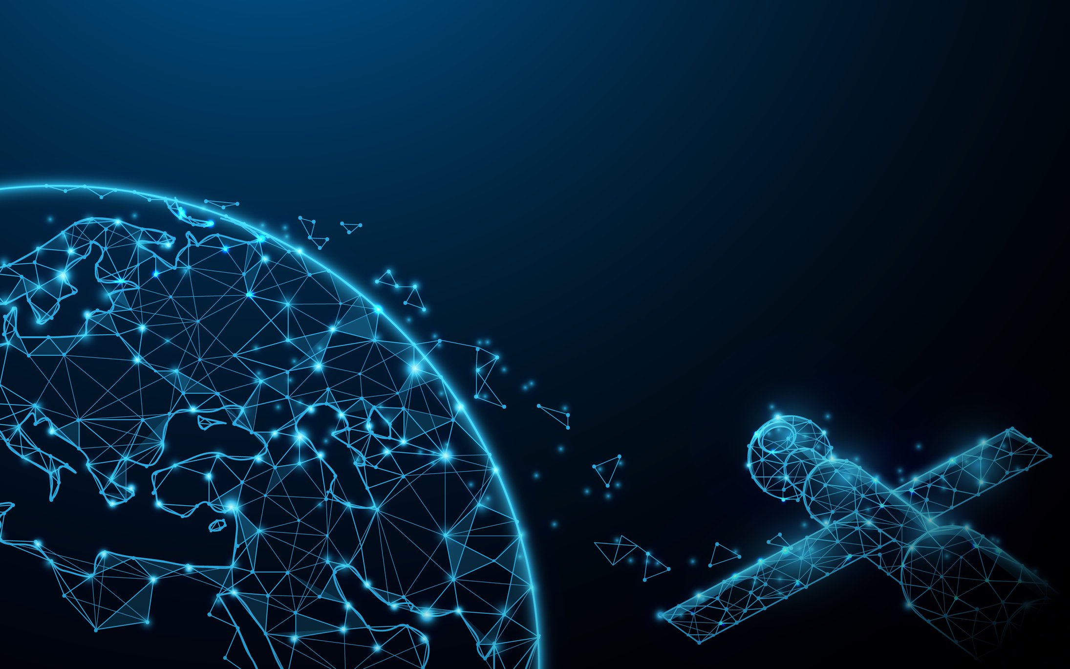 Neon illustration of satellites and communication nodes including a satellite and Earth.
