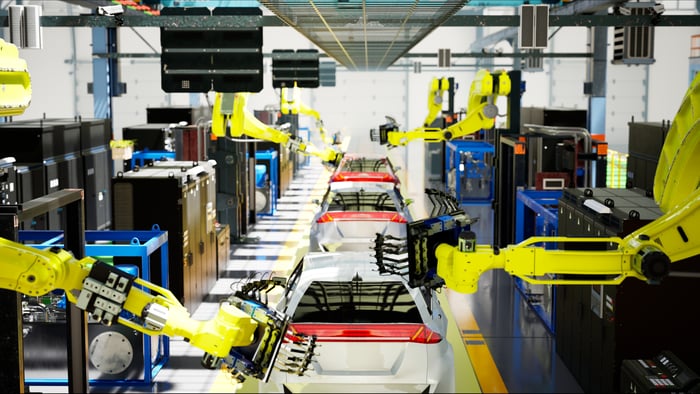 An automobile assembly line.