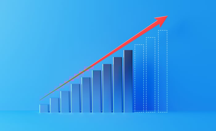 Red upward arrow over rising bar chart.