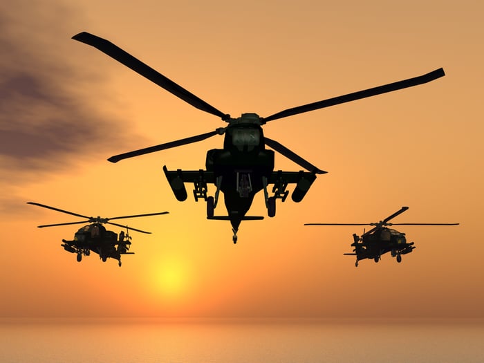 Apache helicopters in flight with the sun setting in the background.
