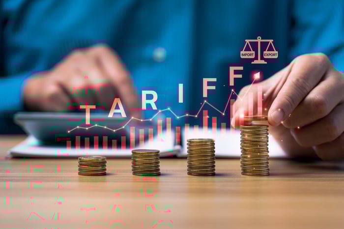 "Tariff" above bar and line charts and four stacks of coins with person using a calculator in the background.