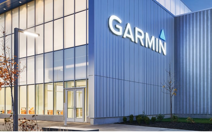 Garmin headquarters with company logo on blue siding. 