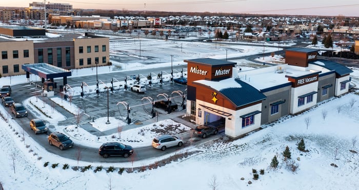 A car wash with "Mister" branding visible and a line of cars waiting, in a snowy city. 