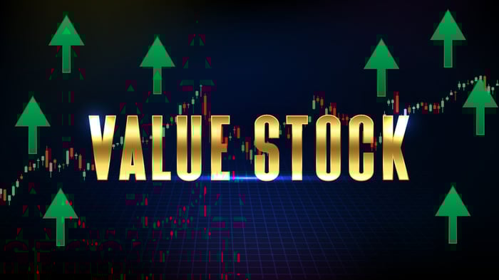 The words "value stock" written in gold, are superimposed against a background containing a stock chart and upward green arrows.