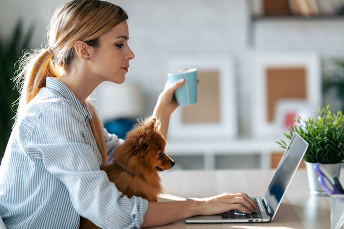 A person and a dog looking at a computer.