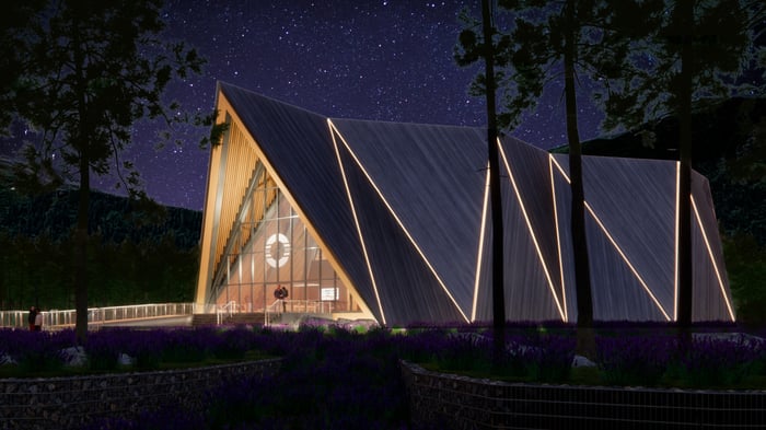 An Oklo Aurora powerhouse at night. 