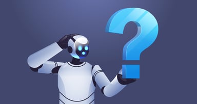 Robot scratches head in thought and examines a question mark.